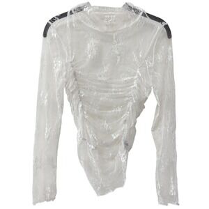 Sheer Lace Mesh Top Womens White Ruched Mock Neck Size L Fairy Romantic Coquette